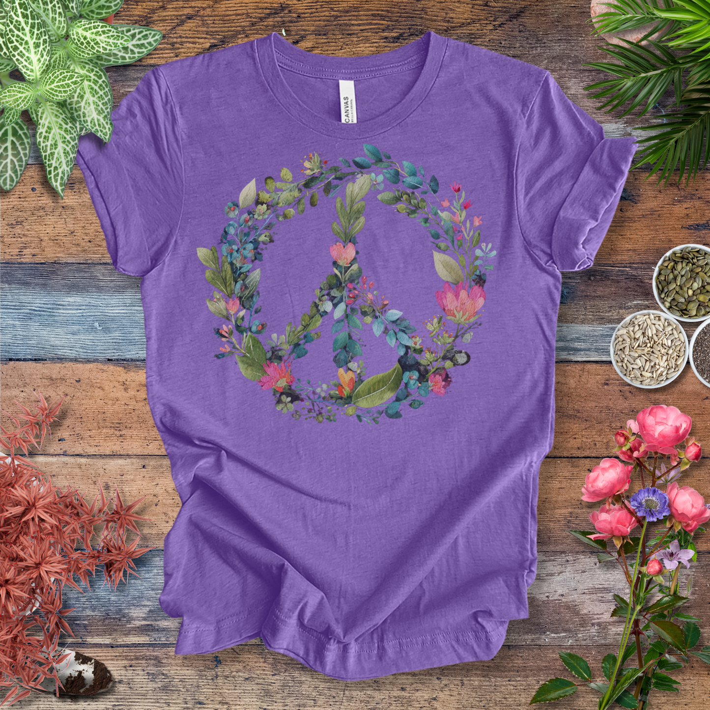 Floral Peace Sign T-Shirt – Watercolor Green & Pink Botanical Wreath | Plant Lover Graphic Tee, Eco Cotton Unisex Shirt