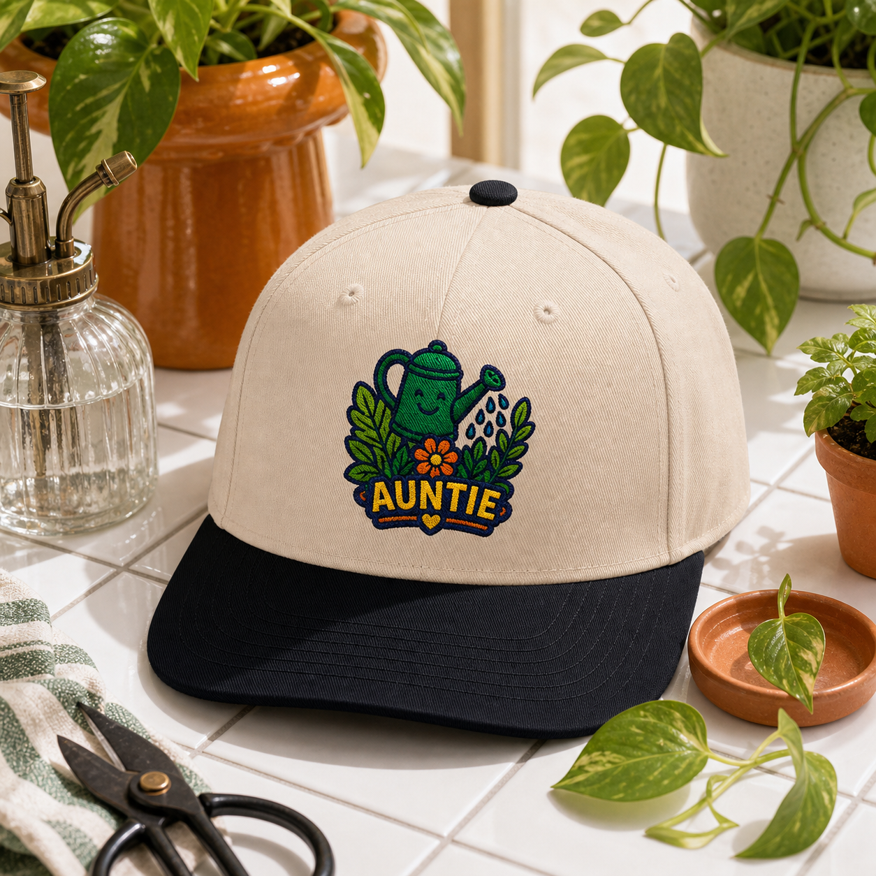 Auntie Watering Can embroidered hat in Black / Natural on a plant care tile counter