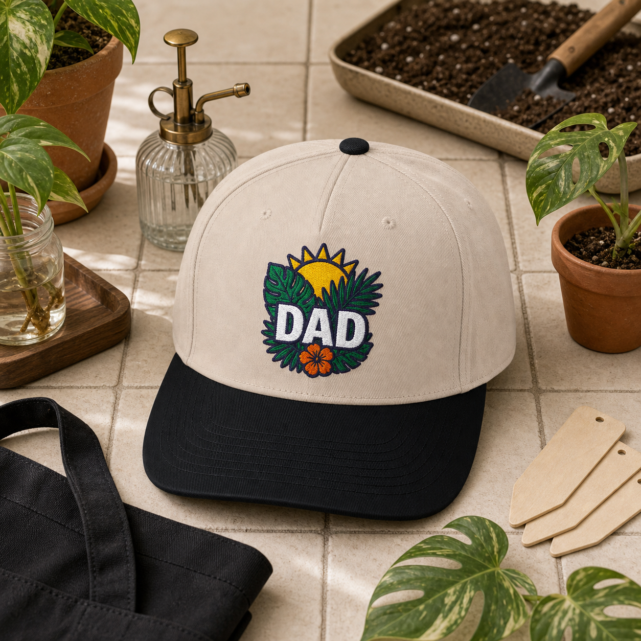Dad Tropical Leaves embroidered hat in Black / Natural on a plant care tile counter