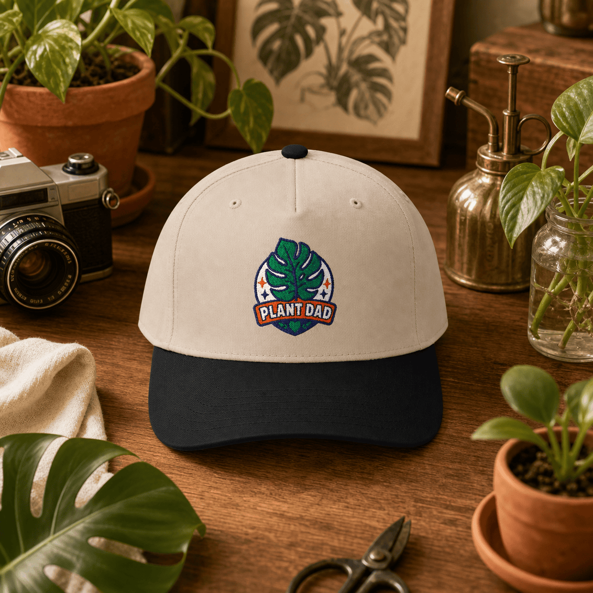 Printify Hats One size / Black / Natural Plant Dad Hat - Embroidered Monstera Cap for Plant Lovers