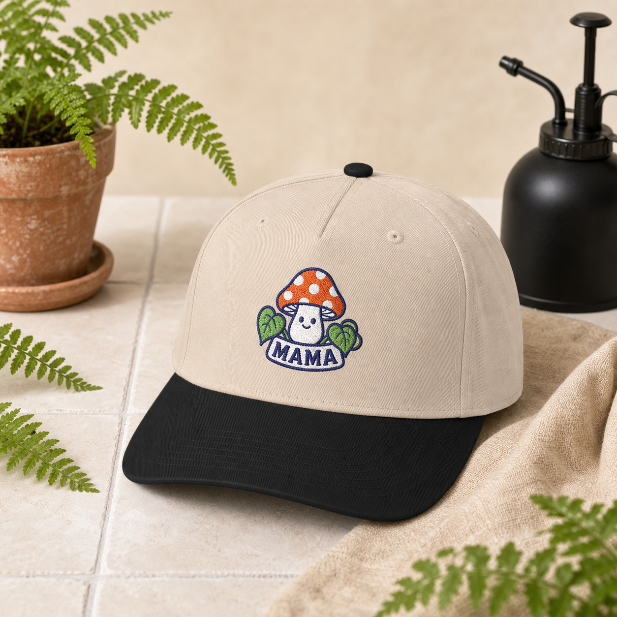 Mama Mushroom embroidered hat in black and natural on a clean studio tile product setup