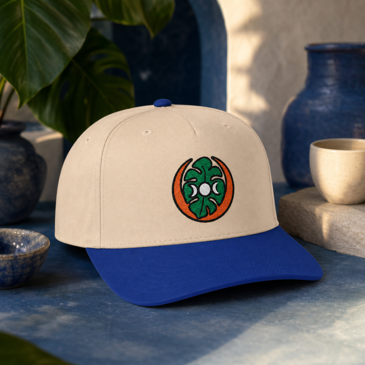 Midnight Monstera embroidered hat in Royal / Natural