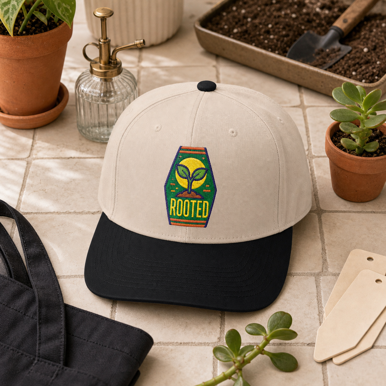 Rooted Sprout embroidered hat in Black / Natural on a plant care tile counter
