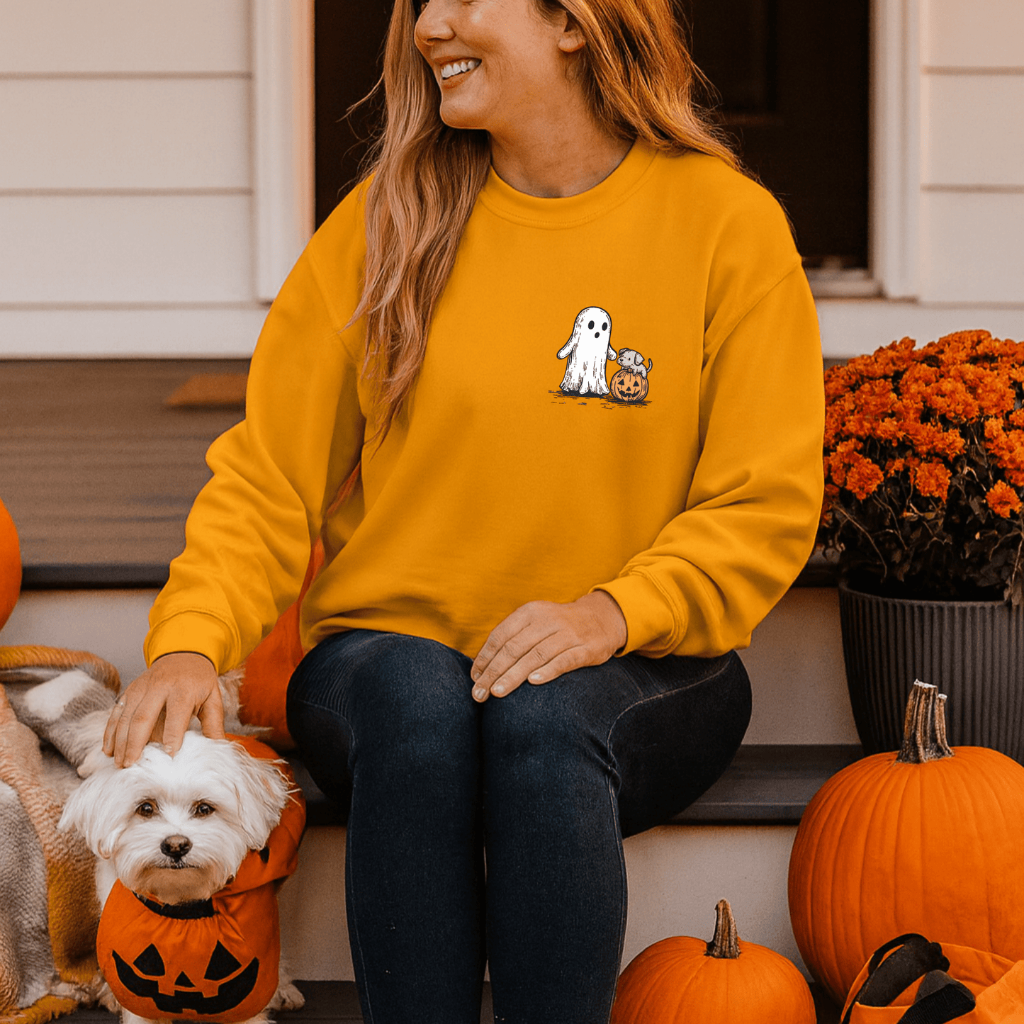 Printify Sweatshirt Cute Ghost Dog Pumpkin Halloween Sweatshirt – Cozy Unisex