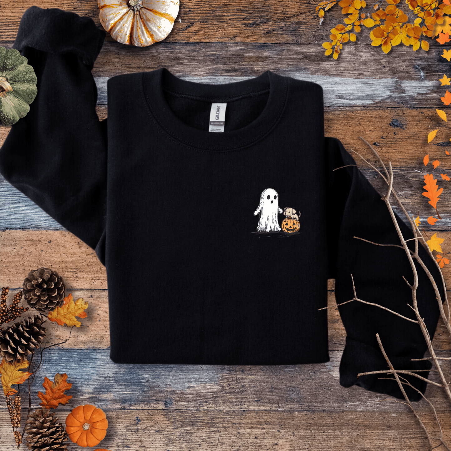 Printify Sweatshirt S / Black Cute Ghost Dog Pumpkin Halloween Sweatshirt – Cozy Unisex
