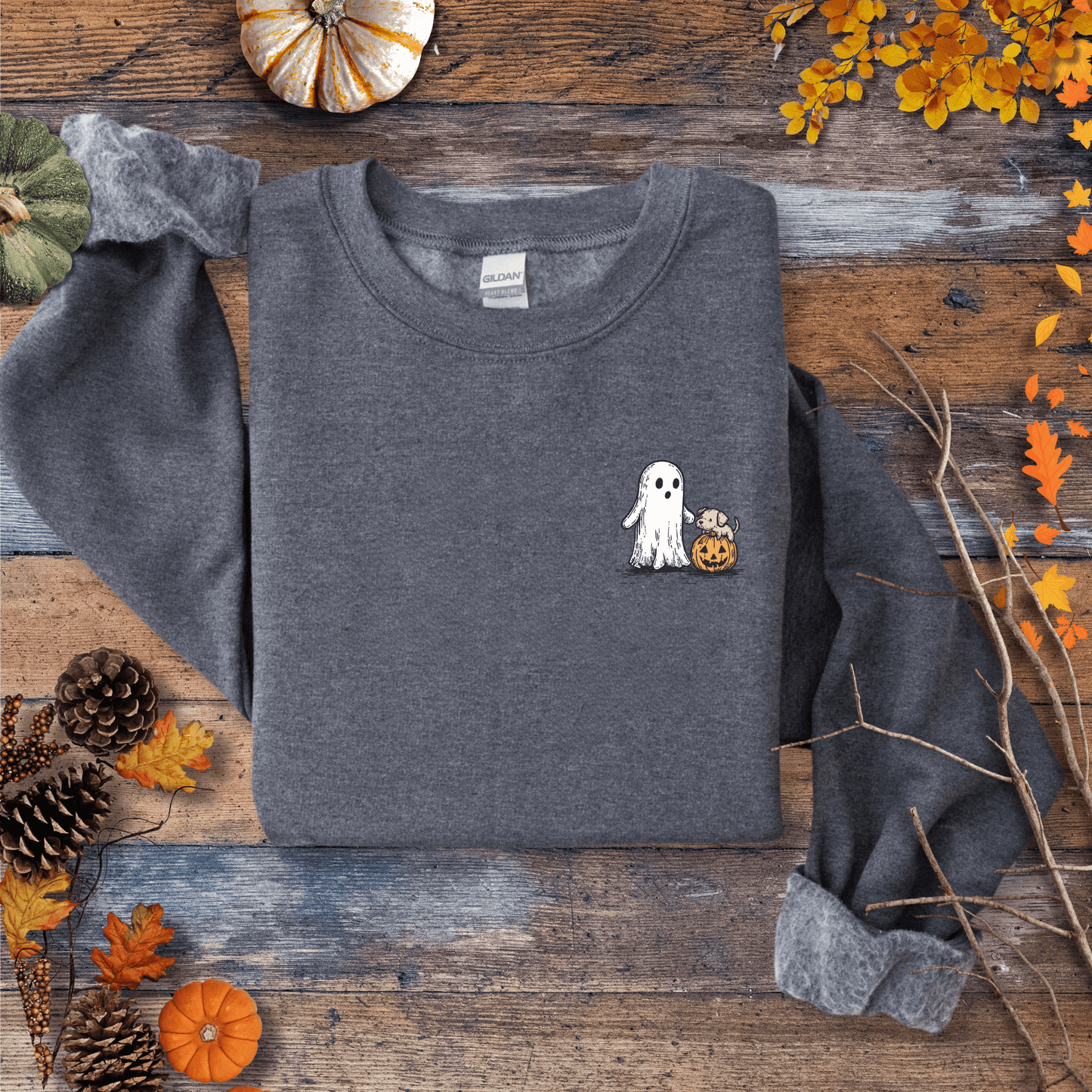 Printify Sweatshirt S / Dark Heather Cute Ghost Dog Pumpkin Halloween Sweatshirt – Cozy Unisex