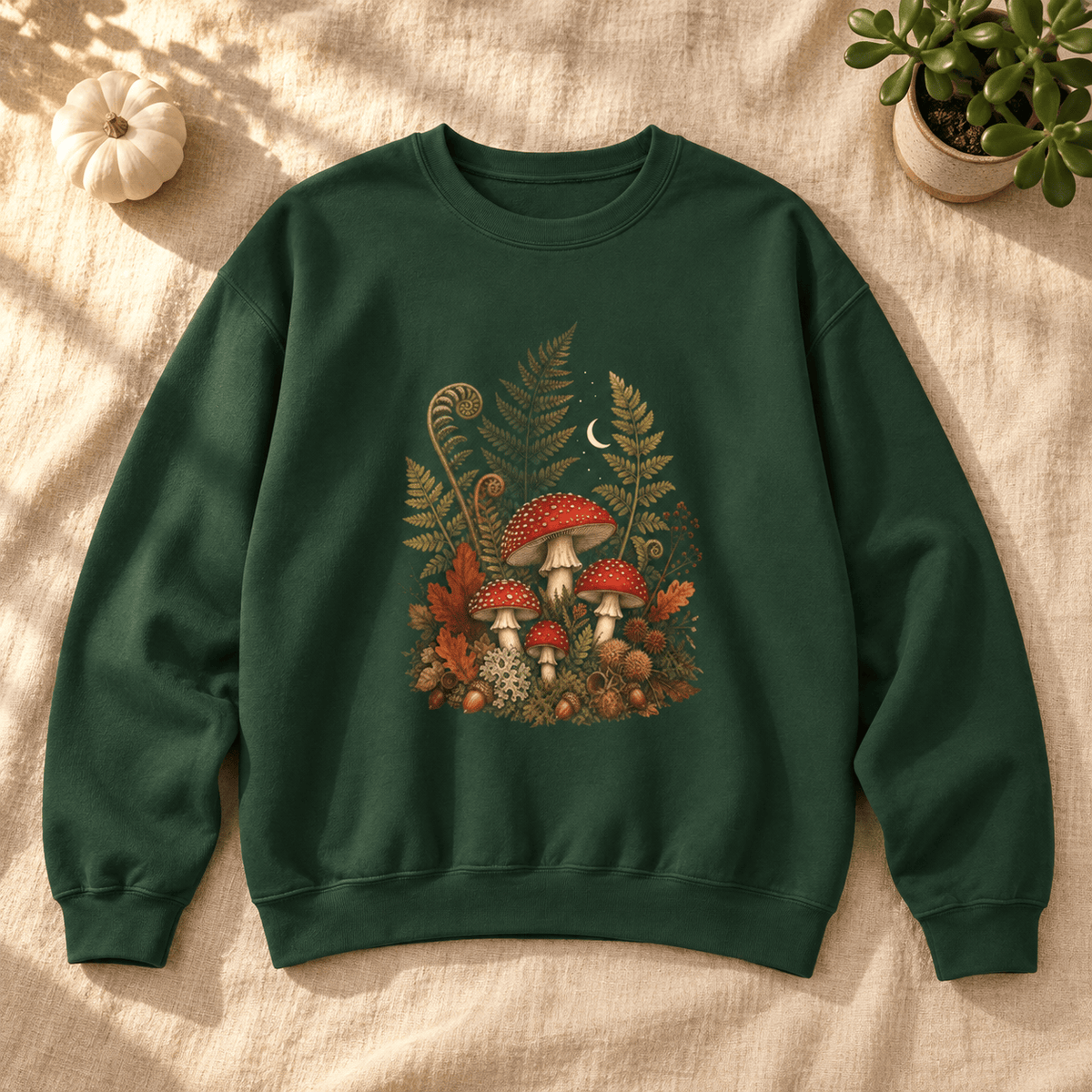 BotanicalVibes Sweatshirt S / Forest Green Autumn Mushroom Fern Sweatshirt - Woodland Botanical Art