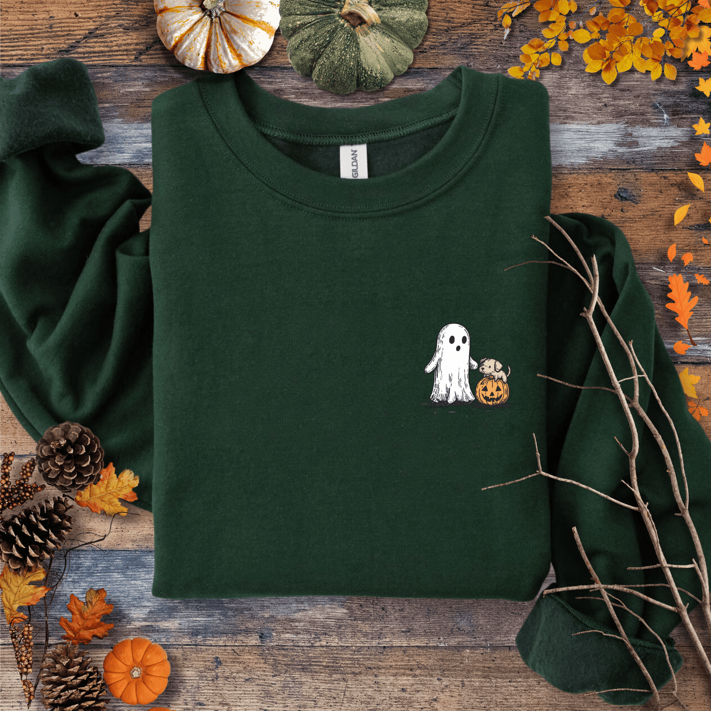 Printify Sweatshirt S / Forest Green Cute Ghost Dog Pumpkin Halloween Sweatshirt – Cozy Unisex