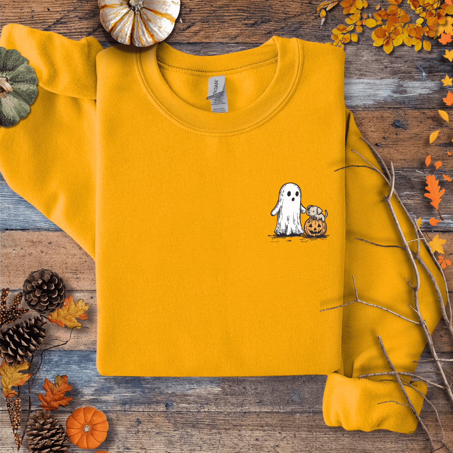 Printify Sweatshirt S / Gold Cute Ghost Dog Pumpkin Halloween Sweatshirt – Cozy Unisex