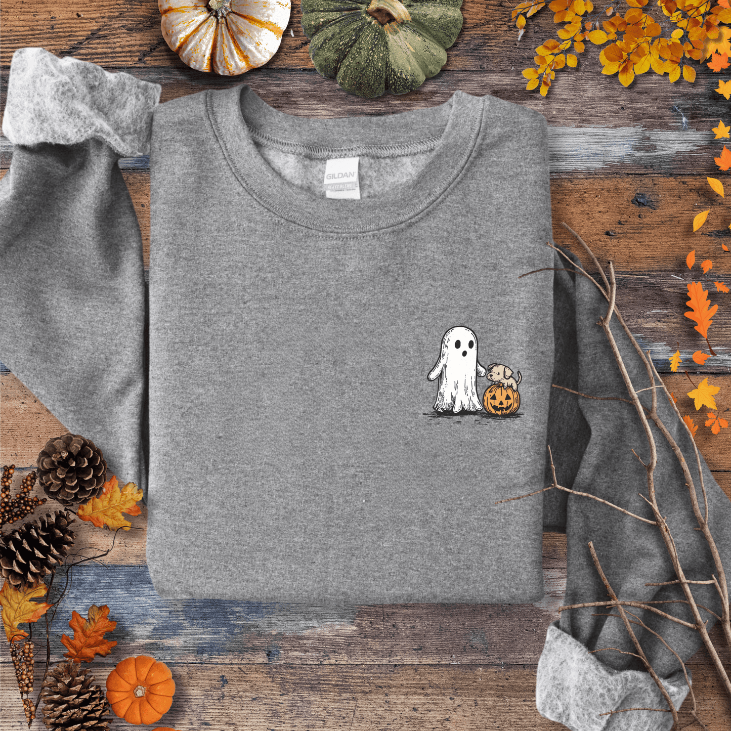 Printify Sweatshirt S / Graphite Heather Cute Ghost Dog Pumpkin Halloween Sweatshirt – Cozy Unisex