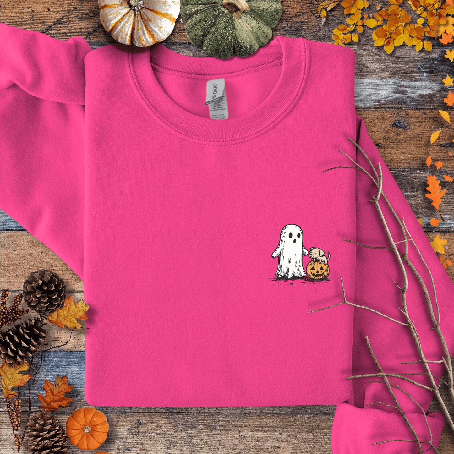 Printify Sweatshirt S / Heliconia Cute Ghost Dog Pumpkin Halloween Sweatshirt – Cozy Unisex