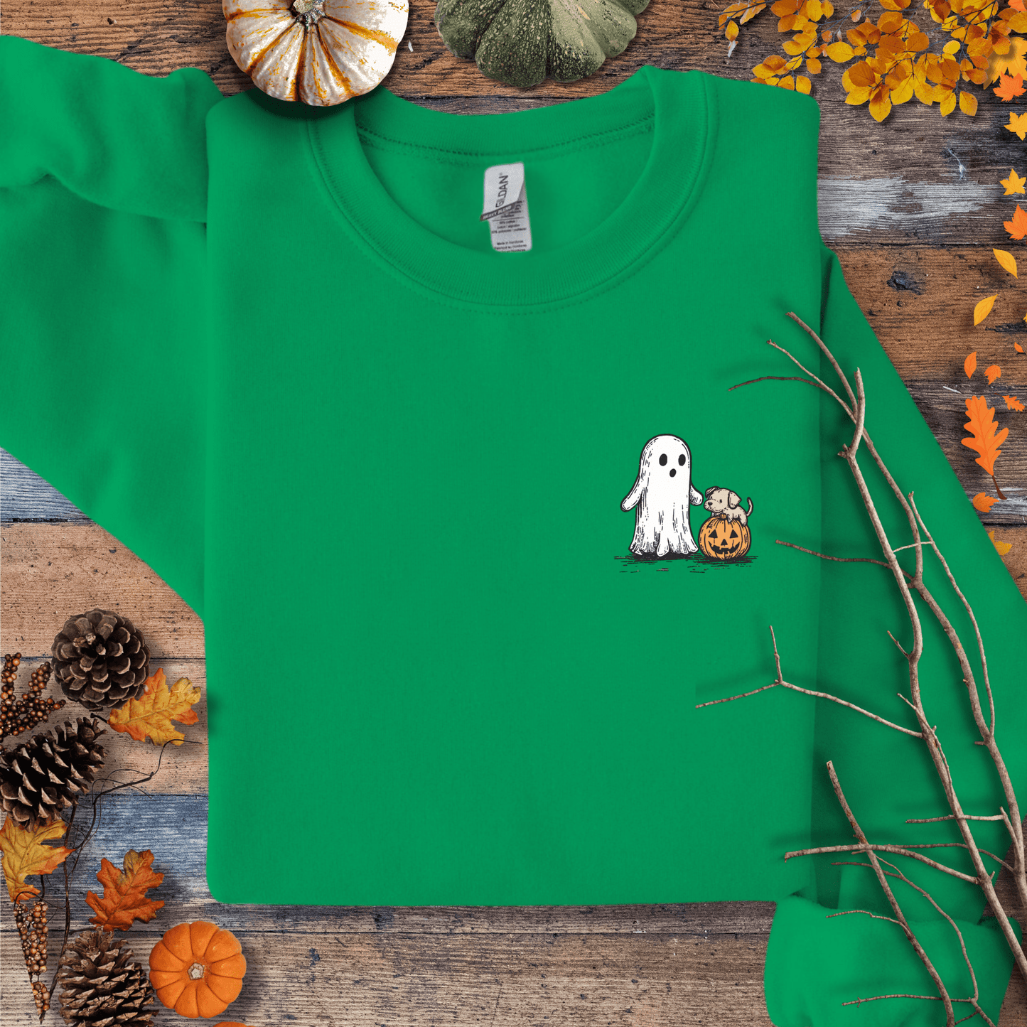 Printify Sweatshirt S / Irish Green Cute Ghost Dog Pumpkin Halloween Sweatshirt – Cozy Unisex