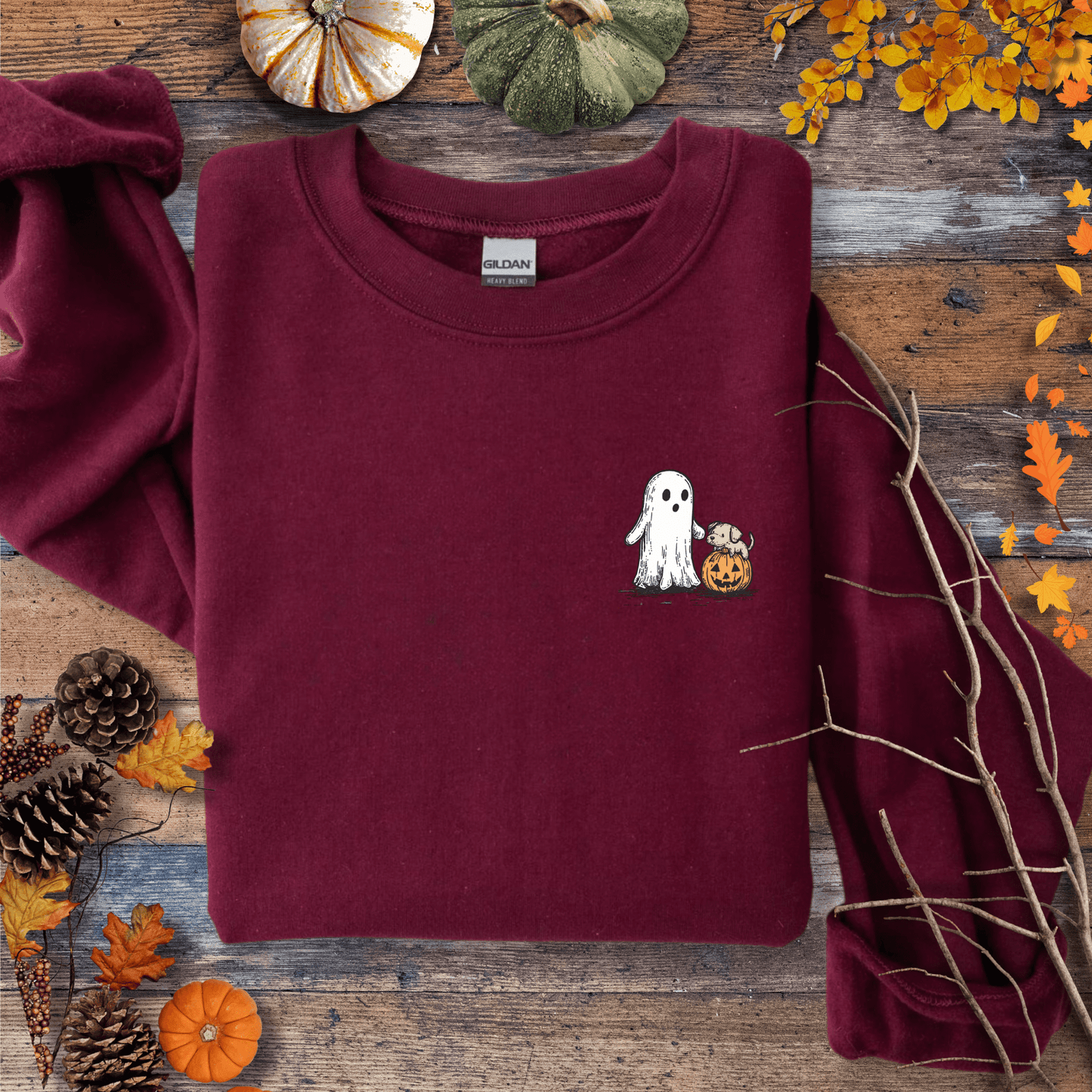 Printify Sweatshirt S / Maroon Cute Ghost Dog Pumpkin Halloween Sweatshirt – Cozy Unisex