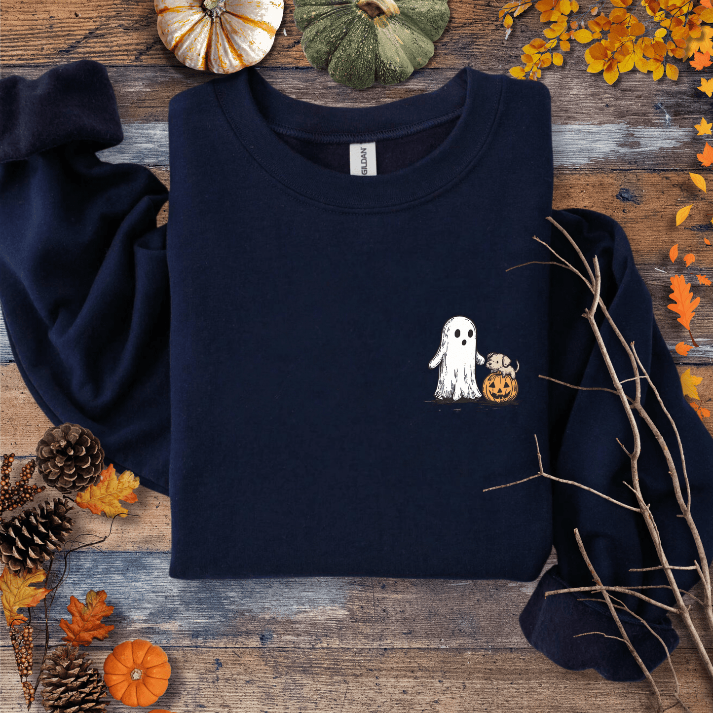 Printify Sweatshirt S / Navy Cute Ghost Dog Pumpkin Halloween Sweatshirt – Cozy Unisex
