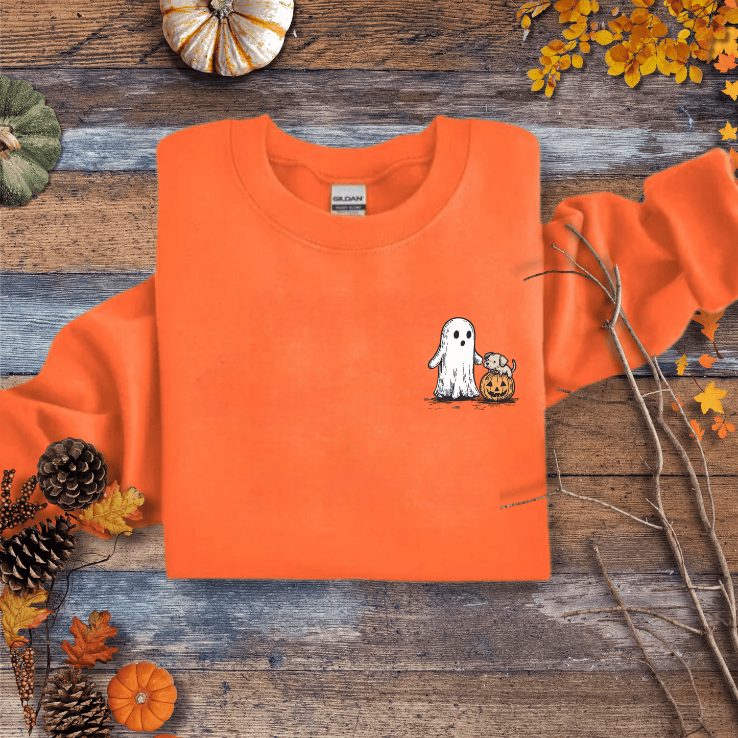 Printify Sweatshirt S / Orange Cute Ghost Dog Pumpkin Halloween Sweatshirt – Cozy Unisex