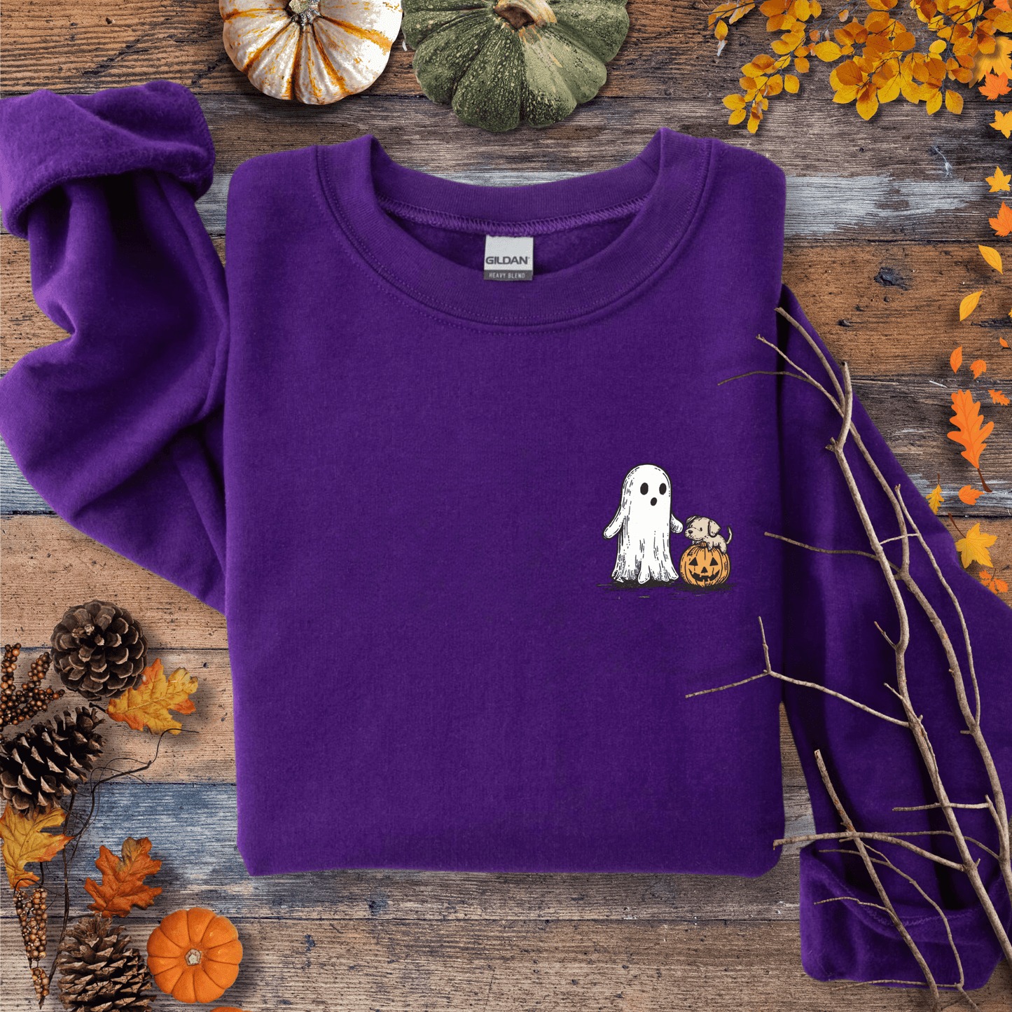 Printify Sweatshirt S / Purple Cute Ghost Dog Pumpkin Halloween Sweatshirt – Cozy Unisex