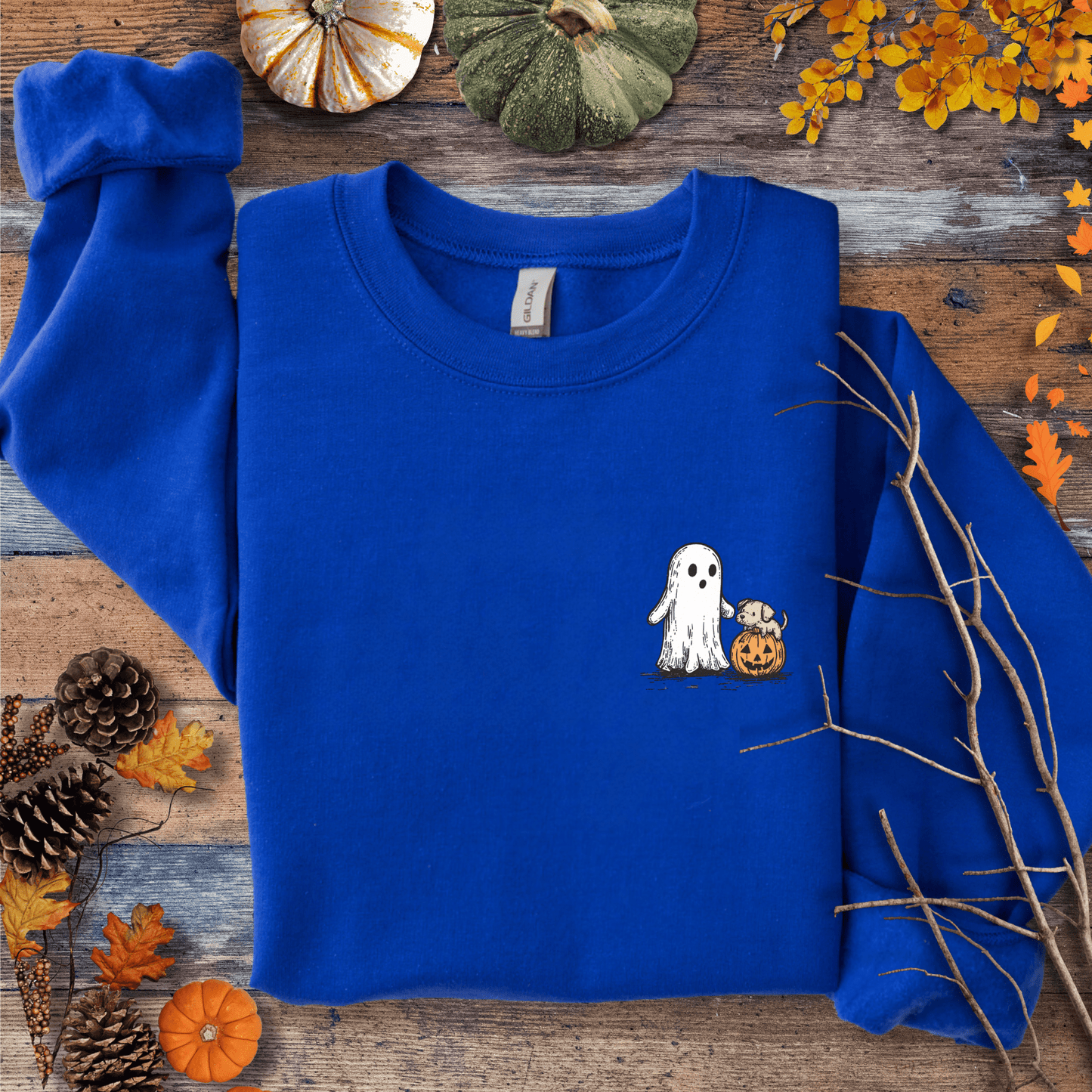 Printify Sweatshirt S / Royal Cute Ghost Dog Pumpkin Halloween Sweatshirt – Cozy Unisex