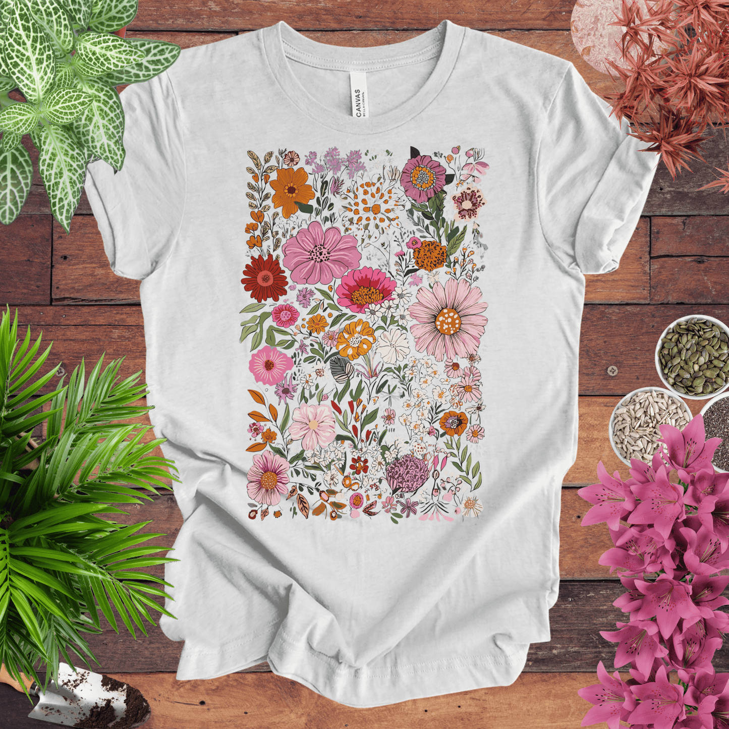 Printify T-Shirt Ash / S Colorful Wildflower Garden T-Shirt