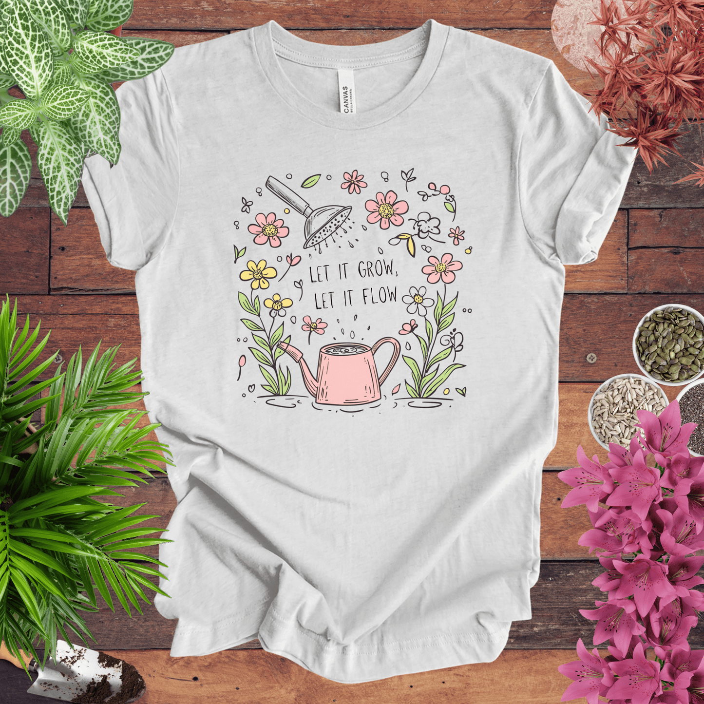 Printify T-Shirt Ash / S Pink Watering Can Floral T-Shirt