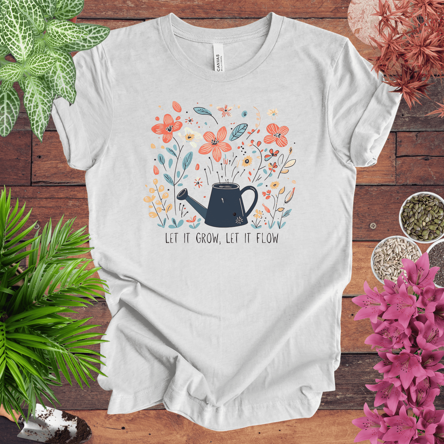 Printify T-Shirt Ash / S Whimsical Watering Can and Flowers T-Shirt