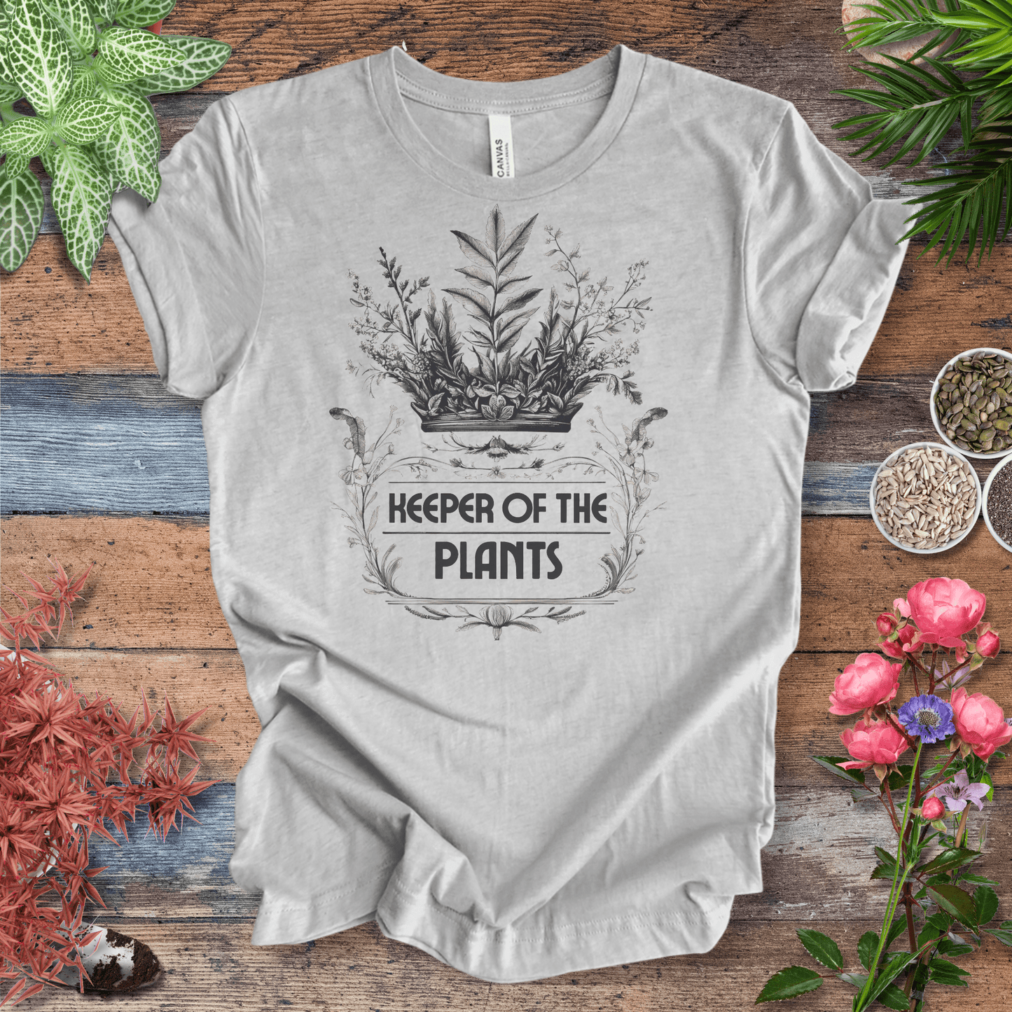 Printify T-Shirt Athletic Heather / S Keeper of the Plants – Vintage Monochrome Edition Elegant Gardener Tee