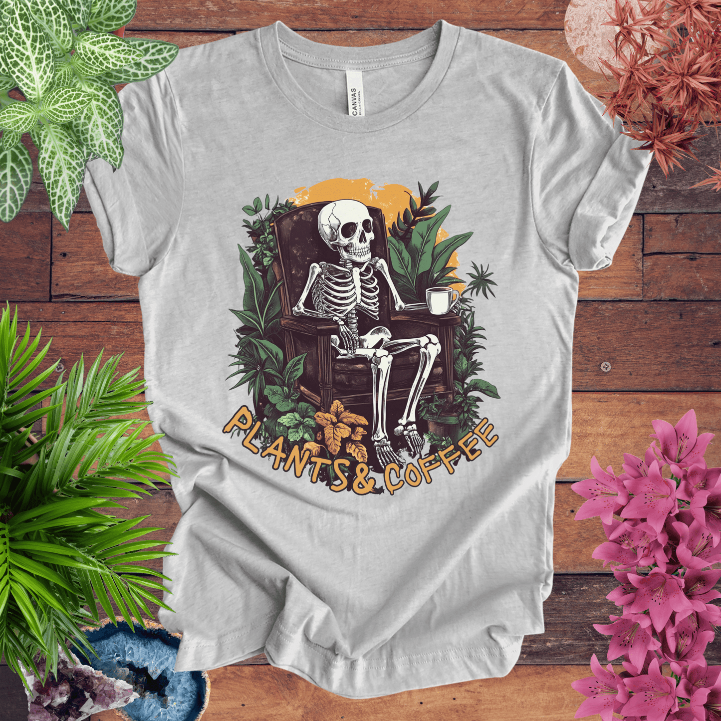 Printify T-Shirt Athletic Heather / S Plants & Coffee Skeleton T-Shirt