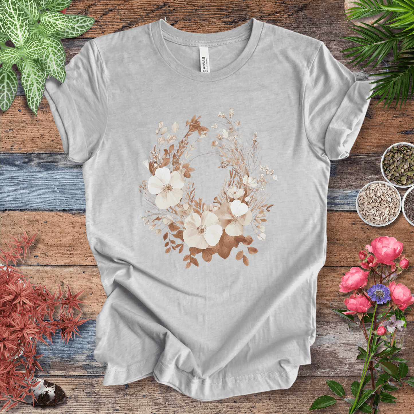 Printify T-Shirt Athletic Heather / S Rustic Floral Wreath Botanical T-Shirt