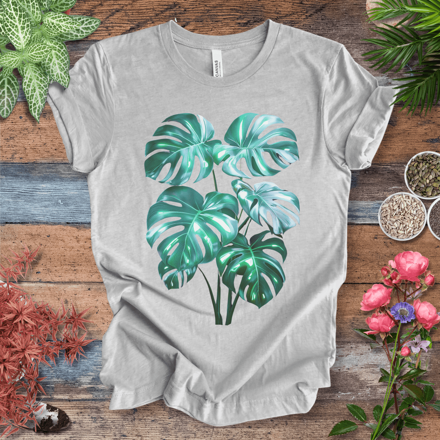 Printify T-Shirt Athletic Heather / S Shiny Monstera Leaf Jungle Aesthetic Plant Lover T-Shirt