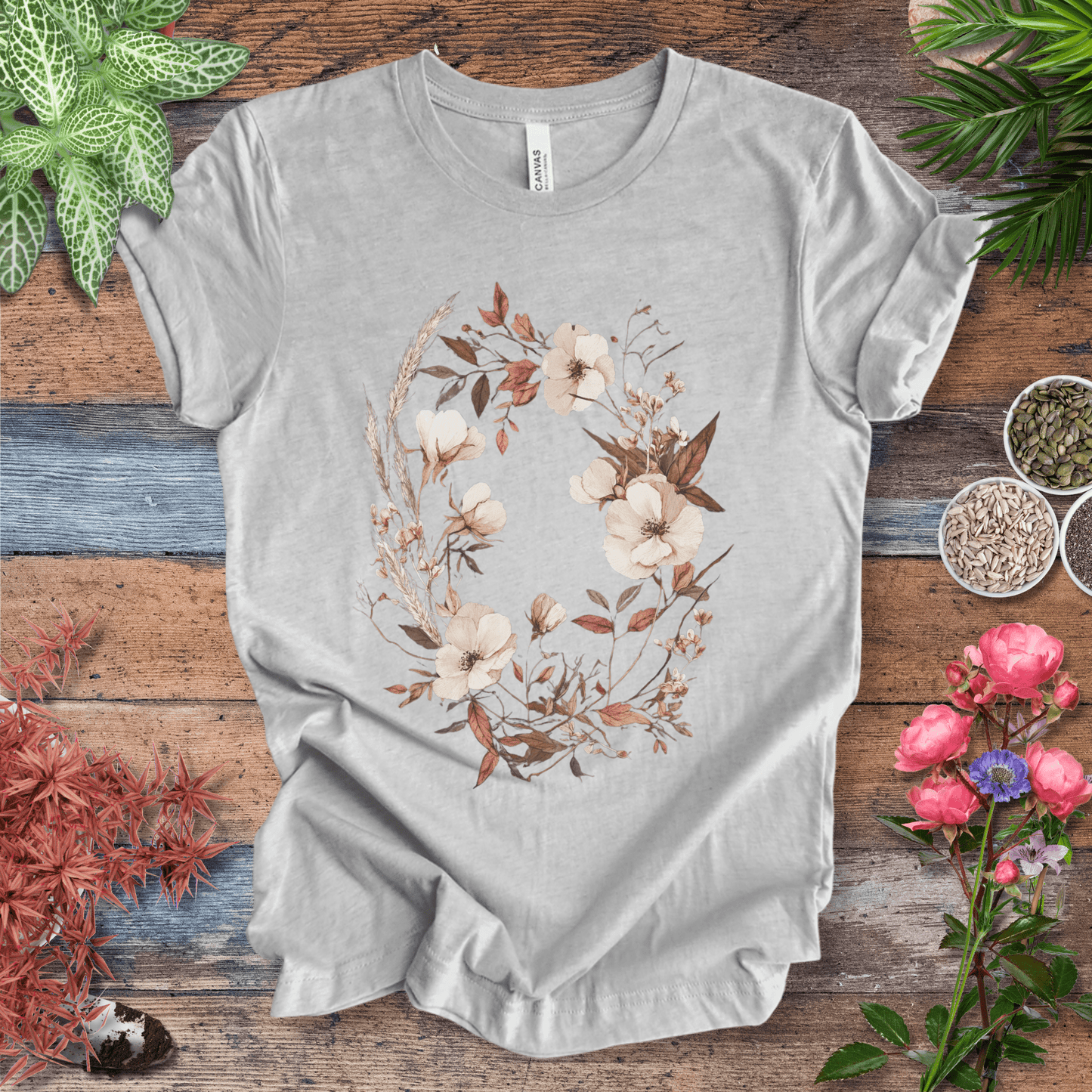 Printify T-Shirt Athletic Heather / S Vintage Floral Wreath Botanical T-Shirt