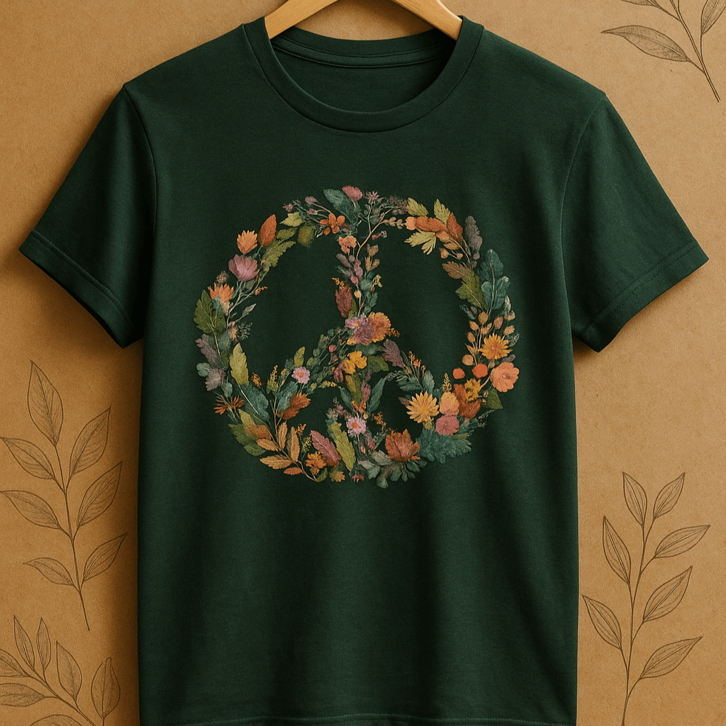 Printify T-Shirt Autumn Floral Peace Wreath Tee – Fall Color Botanical T-Shirt | Sustainable Garden Lover Shirt | Plant Parent Gift