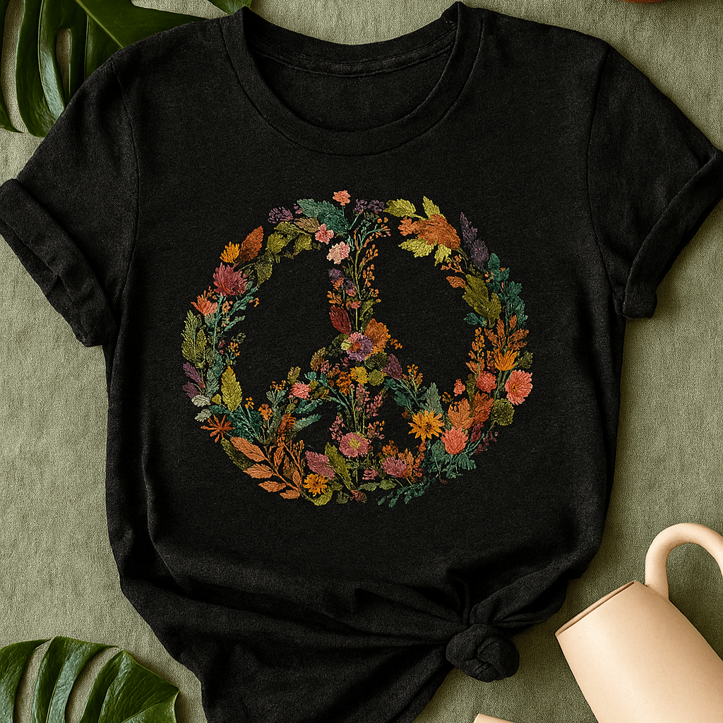Printify T-Shirt Autumn Floral Peace Wreath Tee – Fall Color Botanical T-Shirt | Sustainable Garden Lover Shirt | Plant Parent Gift