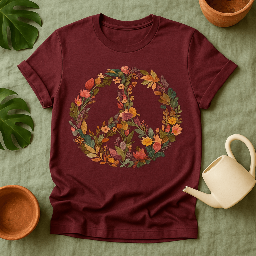 Printify T-Shirt Autumn Floral Peace Wreath Tee – Fall Color Botanical T-Shirt | Sustainable Garden Lover Shirt | Plant Parent Gift