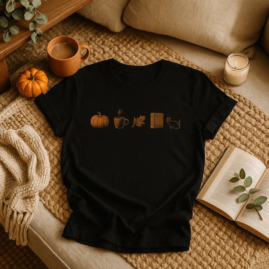 Printify T-Shirt Autumn Icons Row Shirt – Pumpkin Coffee Leaf Book Cat | Unisex Cotton