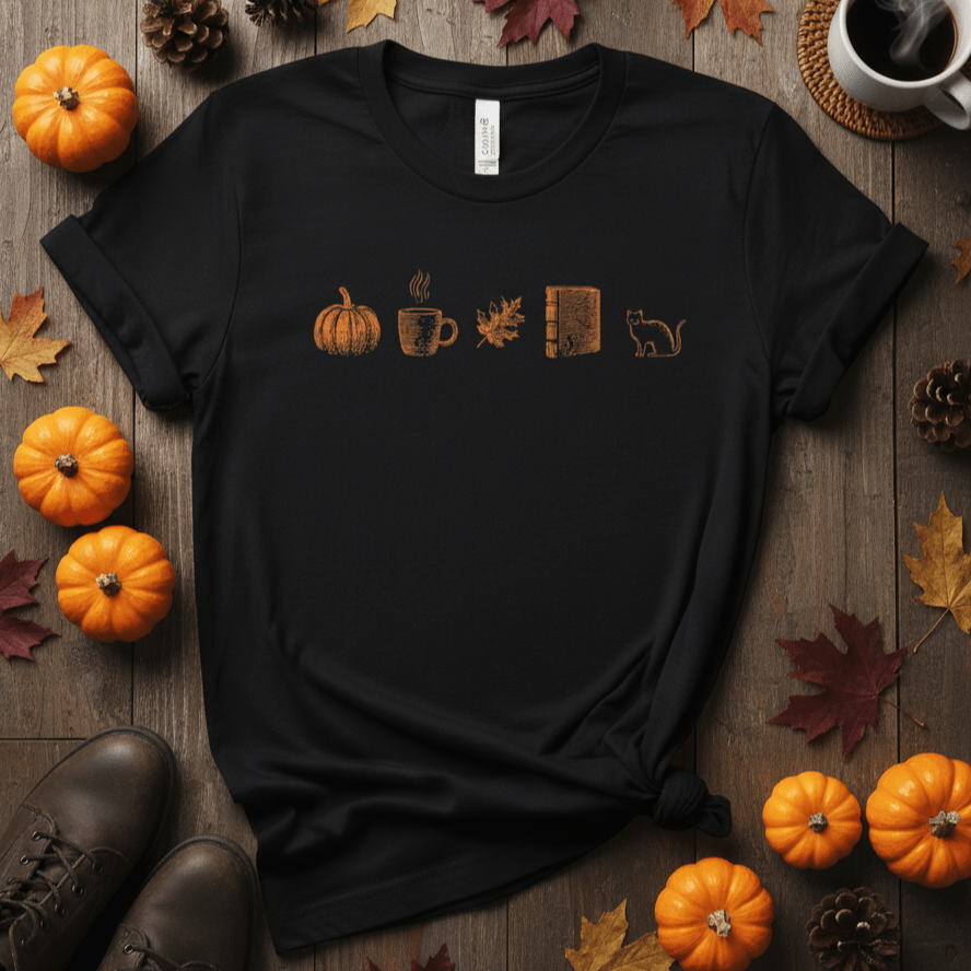 Printify T-Shirt Autumn Icons Row Shirt – Pumpkin Coffee Leaf Book Cat | Unisex Cotton