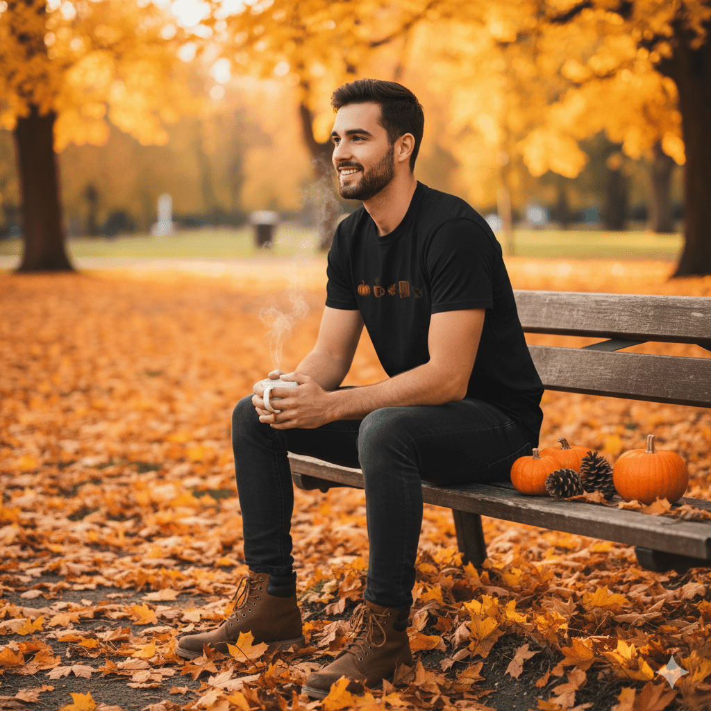 Printify T-Shirt Autumn Icons Row Shirt – Pumpkin Coffee Leaf Book Cat | Unisex Cotton