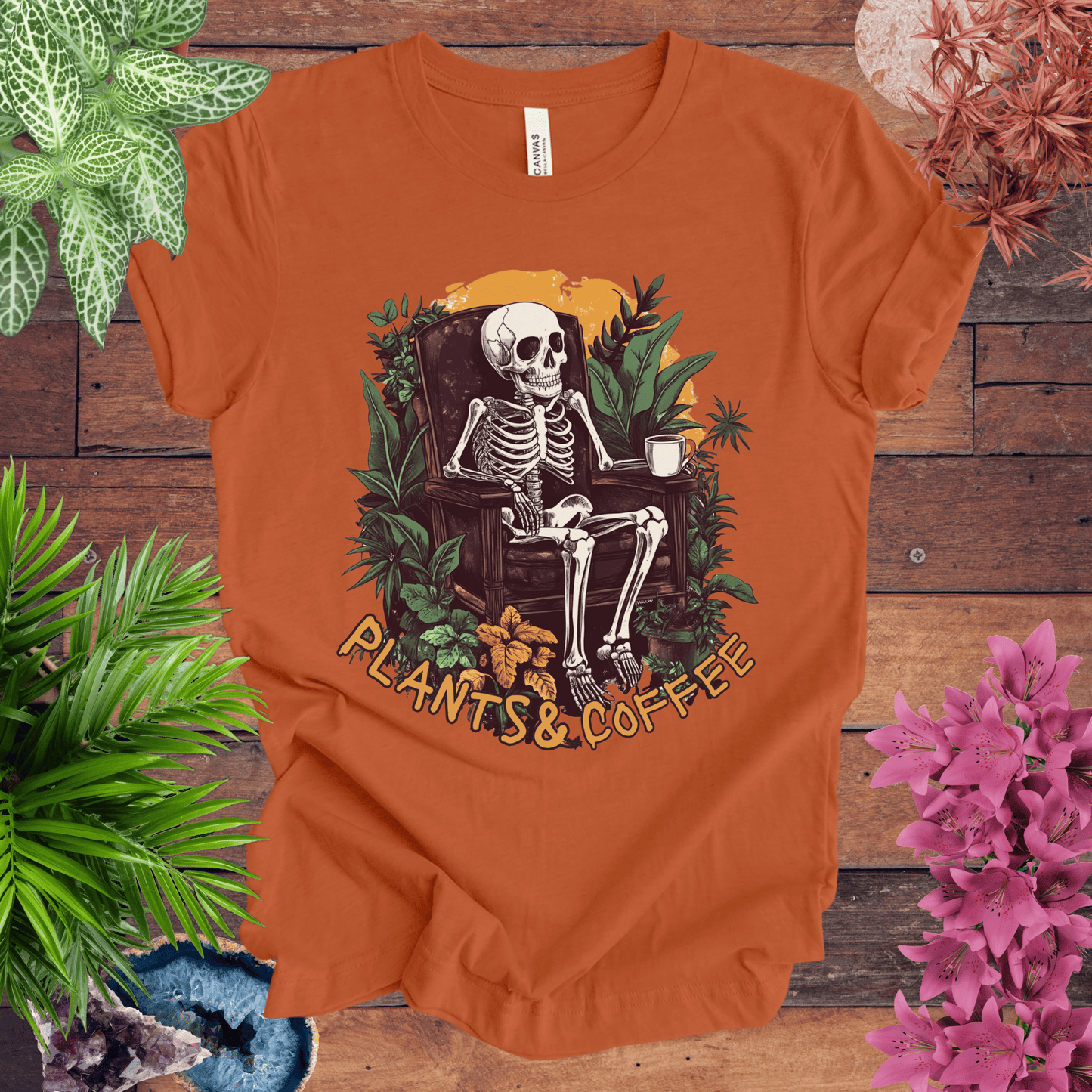 Printify T-Shirt Autumn / S Plants & Coffee Skeleton T-Shirt