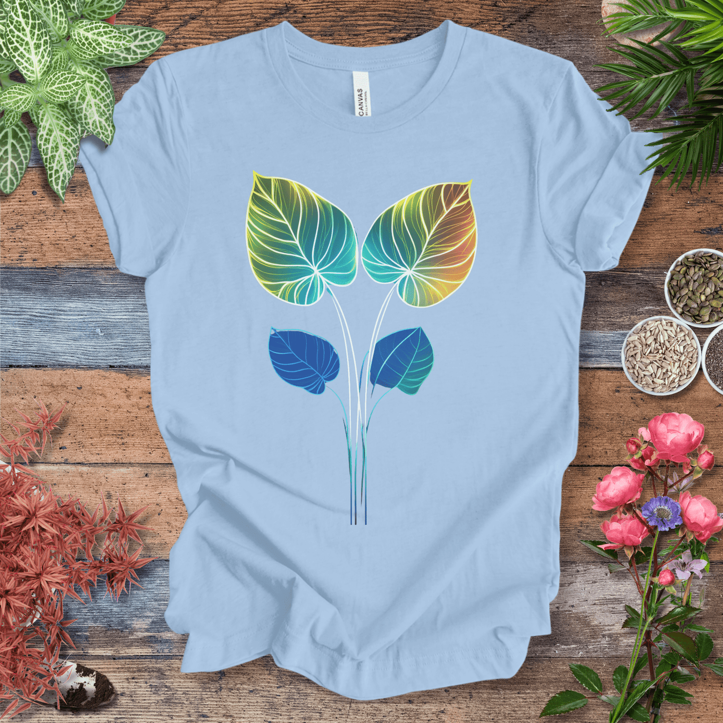 Printify T-Shirt Baby Blue / S Glowing Futuristic Leaves Botanical Nature Lover T-Shirt