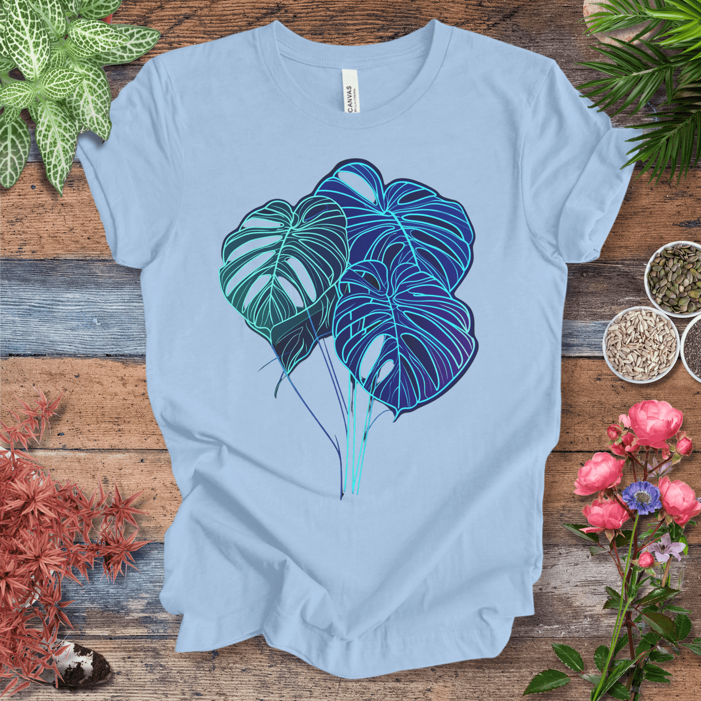 Printify T-Shirt Baby Blue / S Neon Monstera Leaf Glow in the Dark Botanical T-Shirt