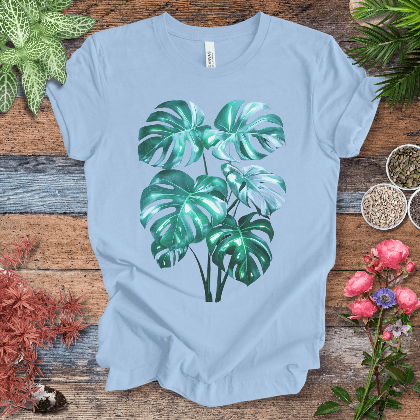 Printify T-Shirt Baby Blue / S Shiny Monstera Leaf Jungle Aesthetic Plant Lover T-Shirt
