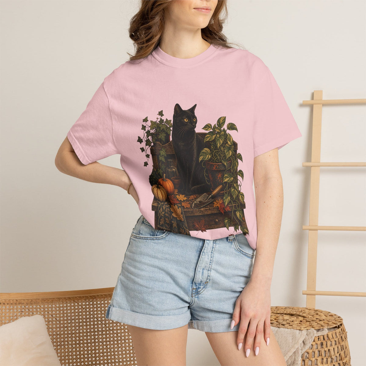 Botanical Vibes T-Shirt Berry / S Black Cat Potting Bench T-Shirt - Fall Houseplant Art