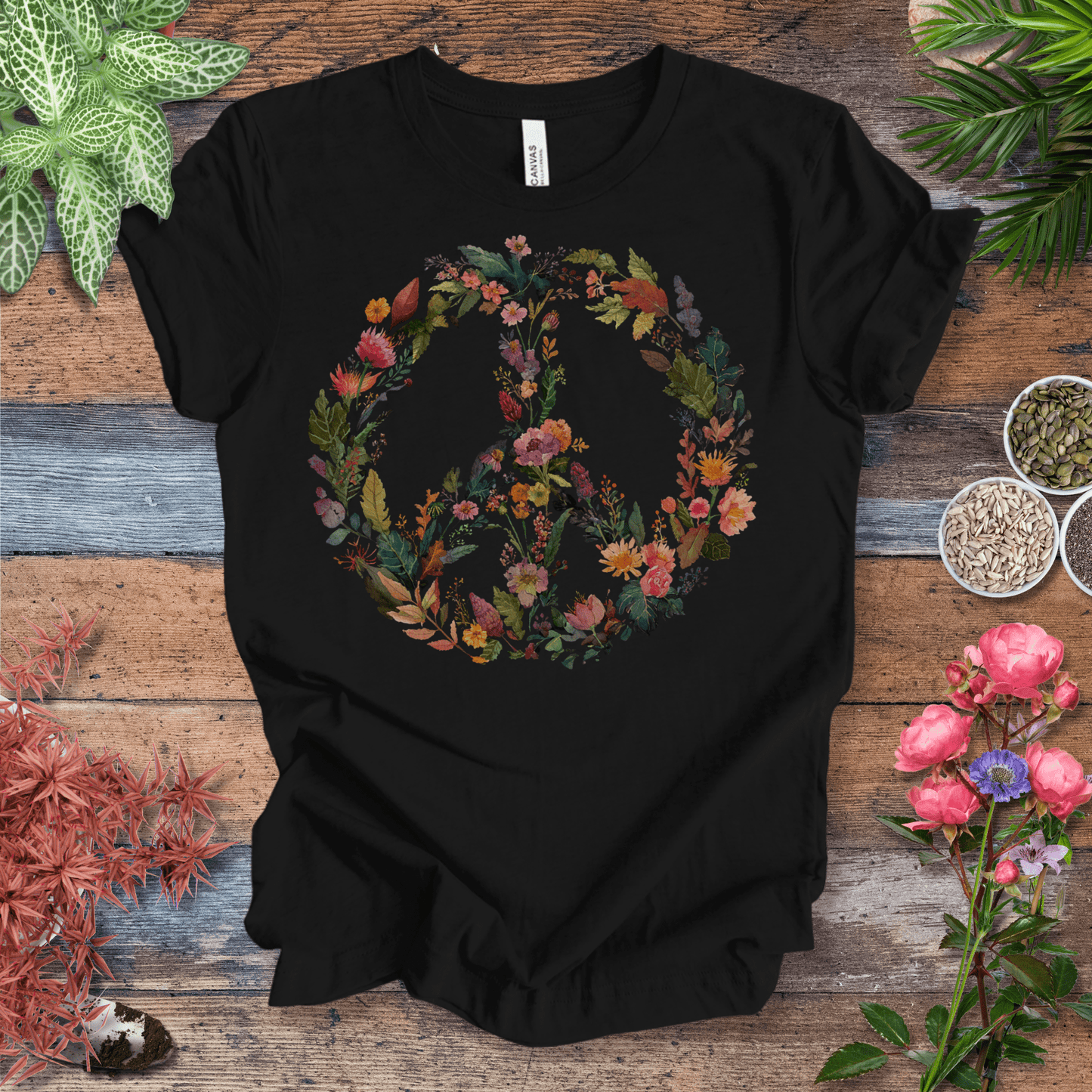 Printify T-Shirt Black Heather / S Autumn Floral Peace Wreath Tee – Fall Color Botanical T-Shirt | Sustainable Garden Lover Shirt | Plant Parent Gift