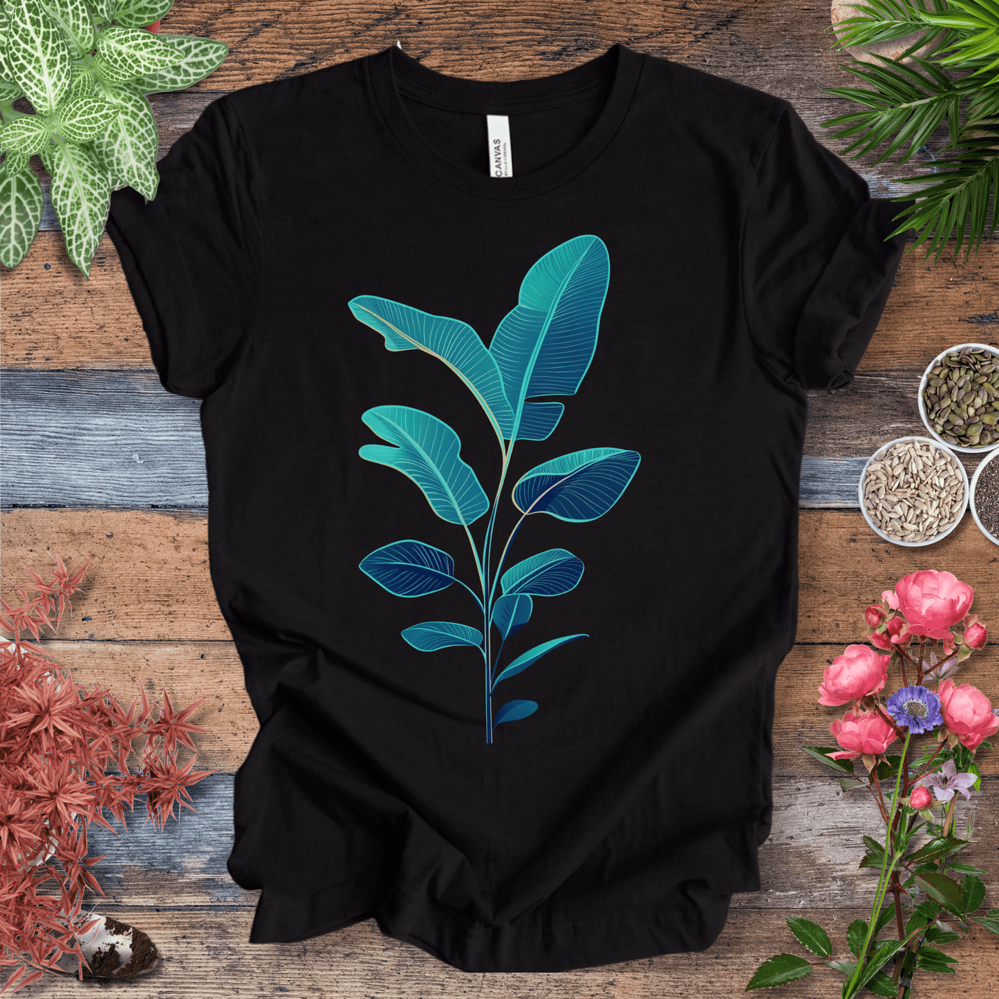 Printify T-Shirt Black Heather / S Blue Monstera Leaves Tropical Aesthetic Houseplant T-Shirt