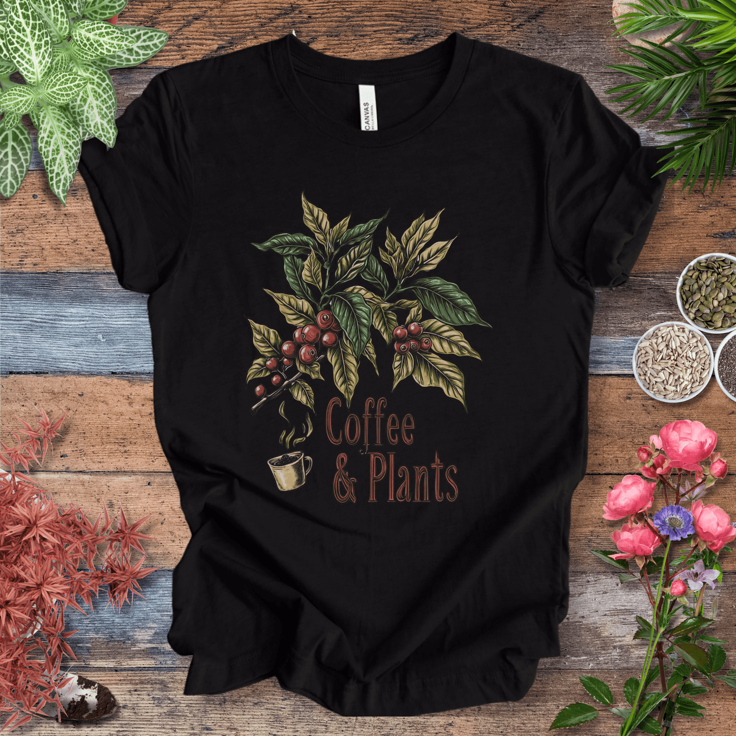 Printify T-Shirt Black Heather / S Coffee & Plants Botanical T-Shirt