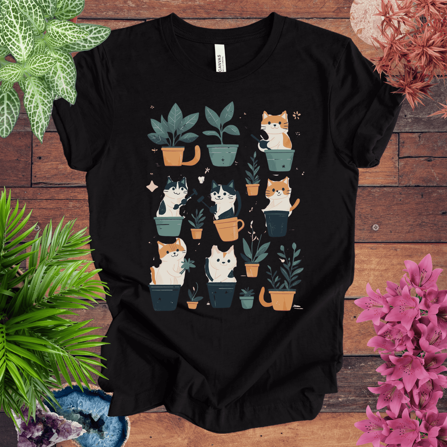 Printify T-Shirt Black Heather / S Curious Cats and Houseplants T-Shirt