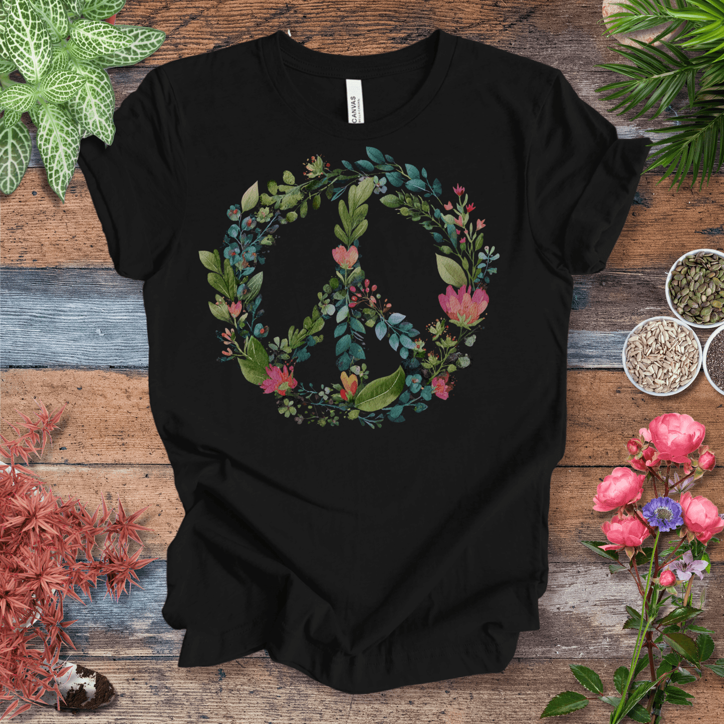 Printify T-Shirt Black Heather / S Floral Peace Sign T-Shirt – Watercolor Green & Pink Botanical Wreath | Plant Lover Graphic Tee, Eco Cotton Unisex Shirt