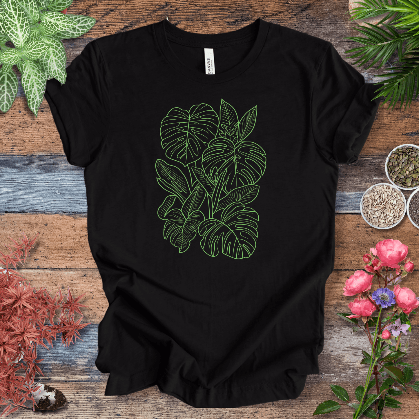 Printify T-Shirt Black Heather / S Minimalist Neon Monstera Plant T-Shirt