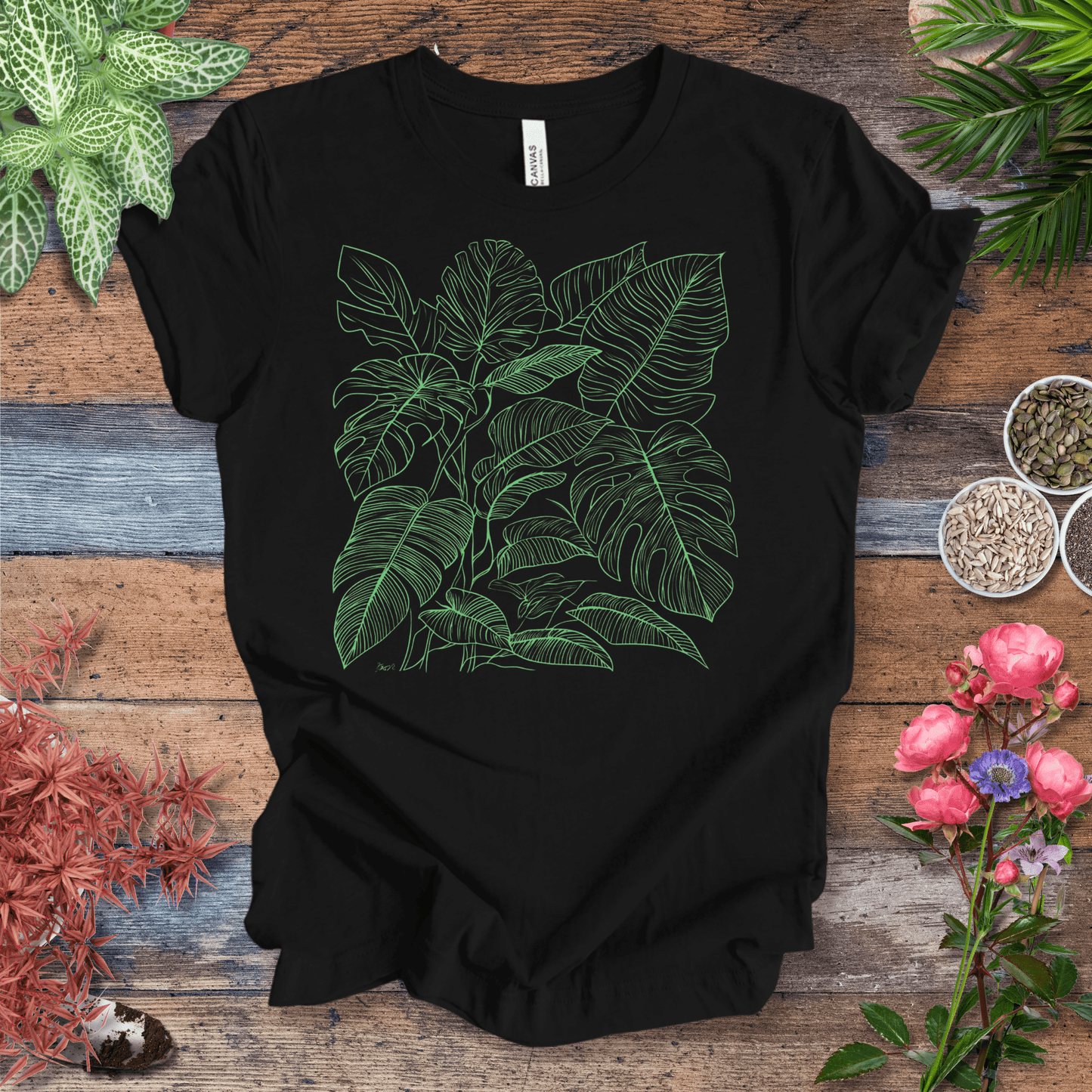 Printify T-Shirt Black Heather / S Monstera Jungle Line-Art T-Shirt – Neon Green Tropical Leaves Graphic Tee | Botanical Streetwear, Houseplant Lover Gift