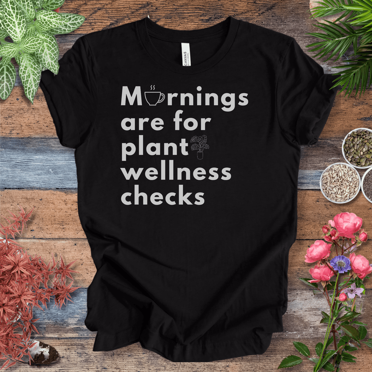 Printify T-Shirt Black Heather / S Mornings Are for Plant Wellness Checks | Cozy Plant Parent Tee