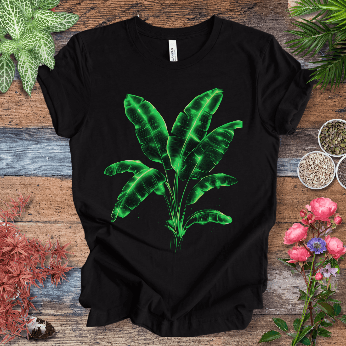 Printify T-Shirt Black Heather / S Neon Glow Banana Leaves Plant Lover Aesthetic T-Shirt