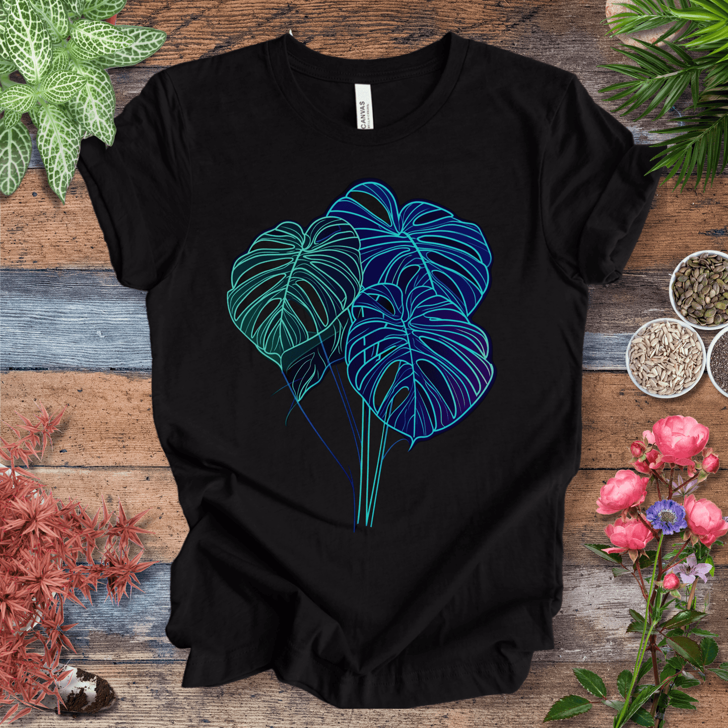 Printify T-Shirt Black Heather / S Neon Monstera Leaf Glow in the Dark Botanical T-Shirt